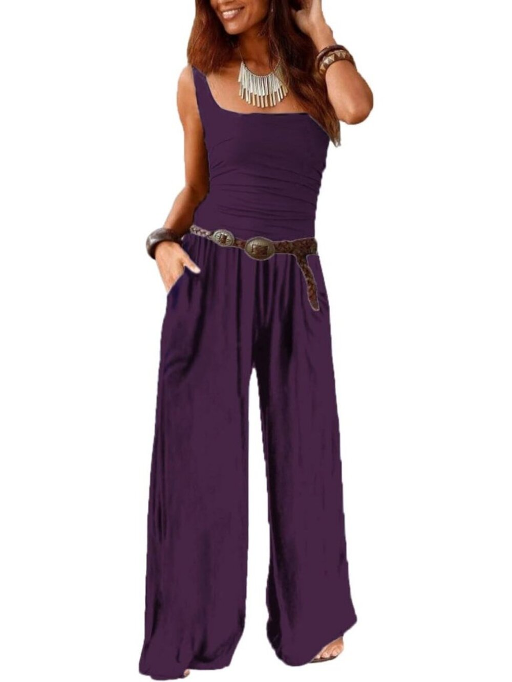 Women's Tank Purple Summer Jumpsuit Sleeveless Wide Leg Long Romper With Pockets